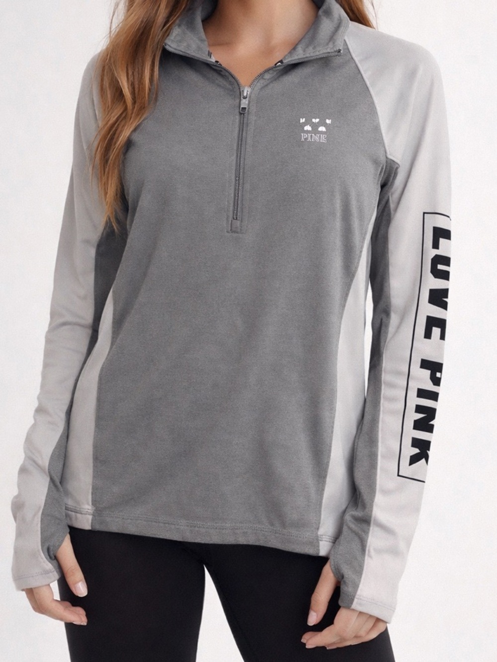Victoria’s Secret PINK Ultimate Deep Zip Pullover – Gray/White | Size Small